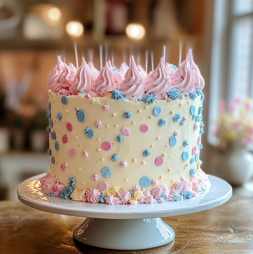 How to Make the Perfect Gender Reveal Cake at Home 3 A charming gender reveal cake decorated with pastel pink and blue buttercream dots, swirls, and a smooth cream-colored frosting, displayed on a white cake stand