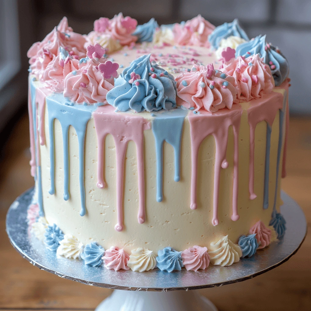 How to Make the Perfect Gender Reveal Cake at Home 2 A beautifully decorated gender reveal cake with pastel pink and blue drip frosting, topped with swirls of matching buttercream and colorful sprinkles, sitting on a white cake stand