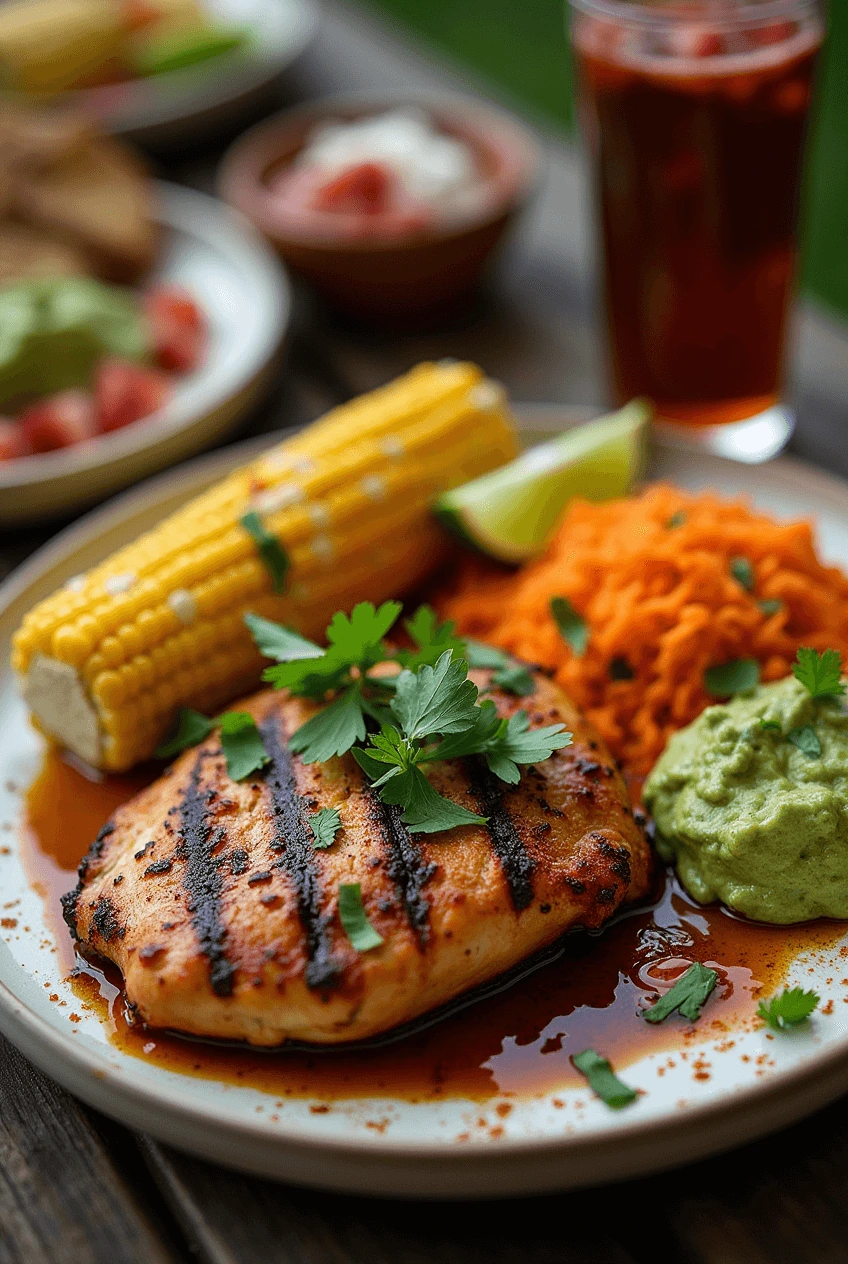 Juicy grilled chicken breast served with corn on the cob, guacamole, and shredded carrots on a rustic plate.