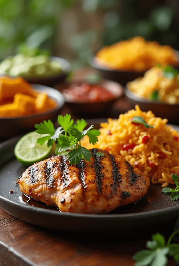 How to Make the Best San Antonio Grilled Mexican Chicken Marinade 5 Juicy grilled chicken breast served with fluffy rice, guacamole, and shredded carrots on a rustic plate, garnished with fresh herbs.
