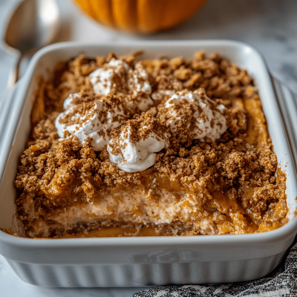 Pumpkin Dump Cake Recipe: Quick, Easy, and Irresistible 4 Pumpkin dump cake in a white baking dish topped with dollops of whipped cream and a generous sprinkle of cinnamon and crumb topping.