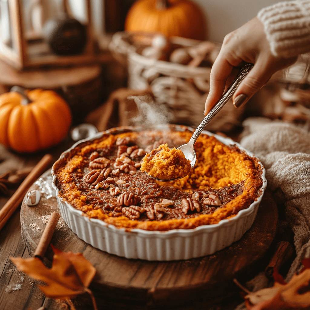 Pumpkin Dump Cake Recipe: Quick, Easy, and Irresistible 3 Freshly baked pumpkin dump cake topped with pecans, with steam rising as a spoon scoops out a warm serving, set in a cozy fall-themed kitchen.